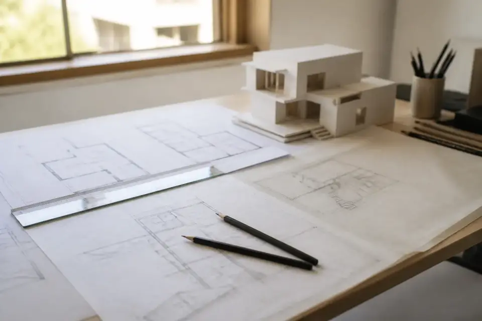 Table de travail avec des plans de maison au crayon, une règle, des crayons et une maquette en carton blanc