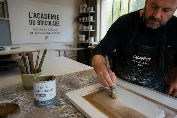 Homme peignant une planche à L'Académie du Bricolage à Lyon, pot de peinture et pinceaux visibles.