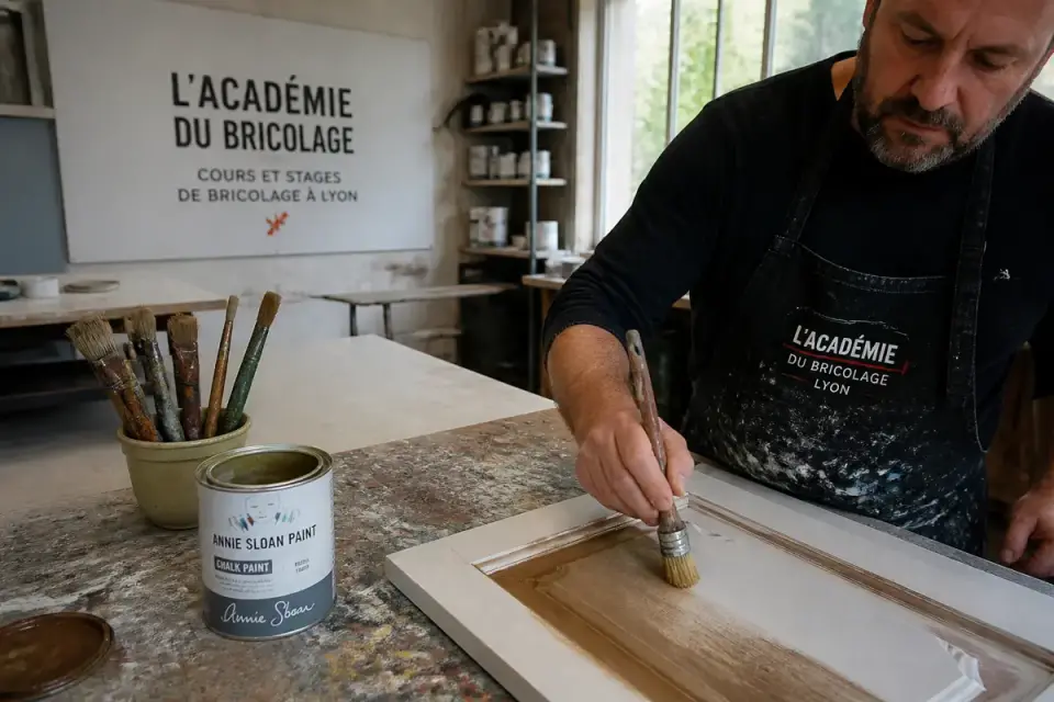 Homme peignant une planche à L'Académie du Bricolage à Lyon, pot de peinture et pinceaux visibles.