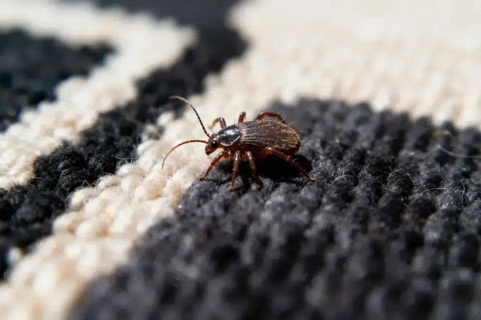 Insecte brun sur un tapis noir et blanc en macro.