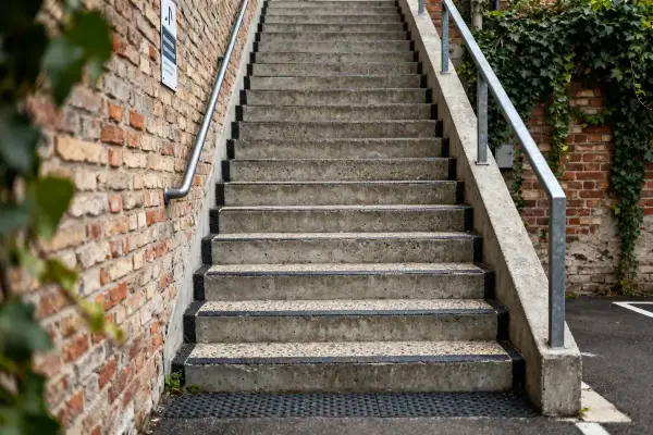 Escalier en béton avec rampes métalliques illustrant l'aménagement d'un escalier extérieur fonctionnel