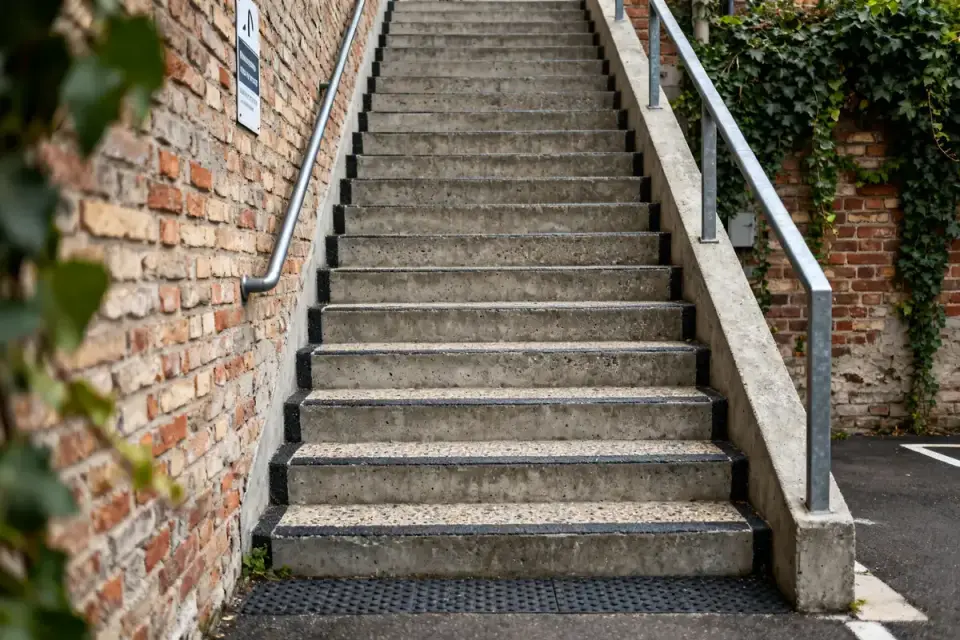 Escalier en béton avec rampes métalliques illustrant l'aménagement d'un escalier extérieur fonctionnel