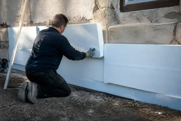 Un homme installe des panneaux d'isolation bleus sur un mur extérieur en béton.