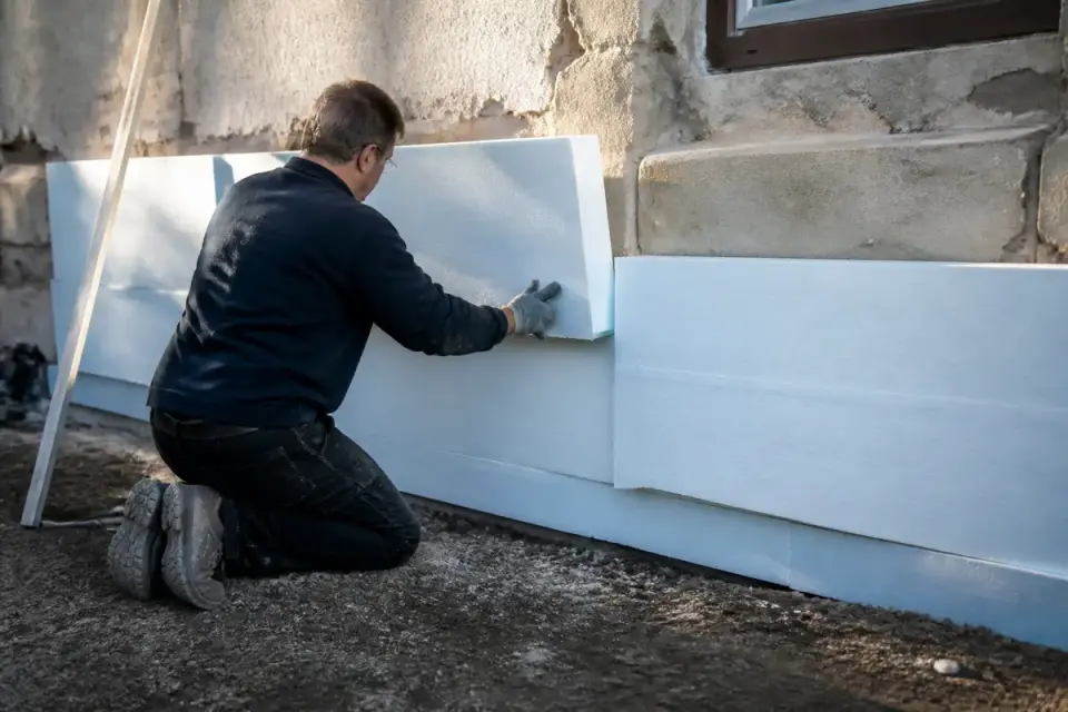 Un homme installe des panneaux d'isolation bleus sur un mur extérieur en béton.