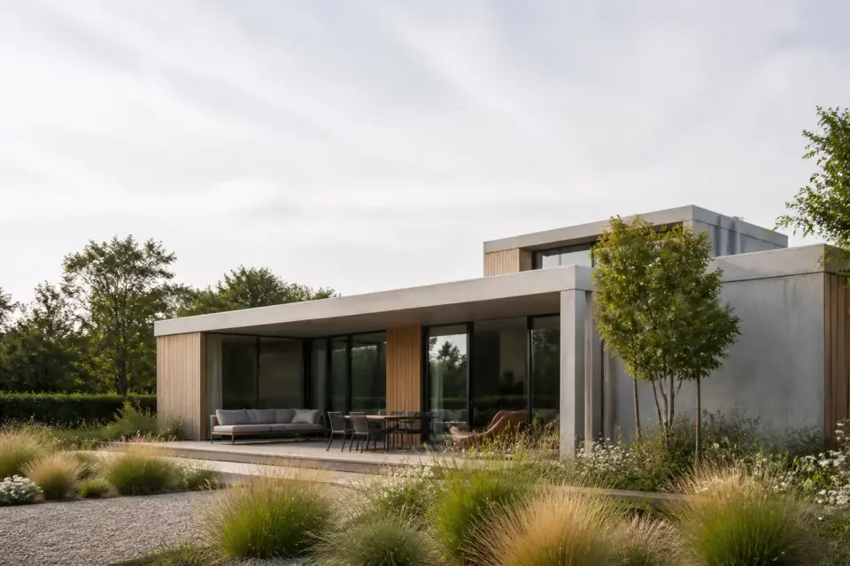 Maison contemporaine en béton clair et bardage bois, toit plat, grandes ouvertures et jardin de graminées