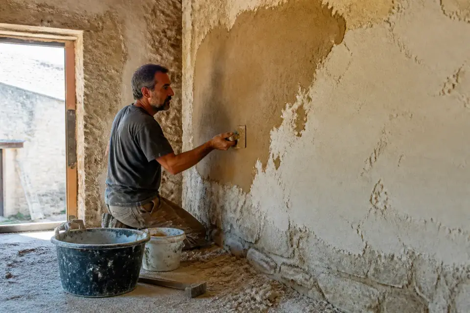 Homme appliquant de l'enduit sur un mur intérieur en rénovation, avec divers outils et seaux à proximité.