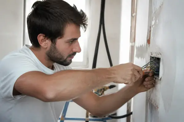 Un homme effectue une installation électrique, utilisant un tournevis pour ajuster des fils dans un boîtier encastré.