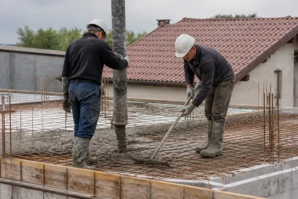 Deux travailleurs avec casques coulant du béton sur un chantier de construction, portant des bottes et vêtements de travail.