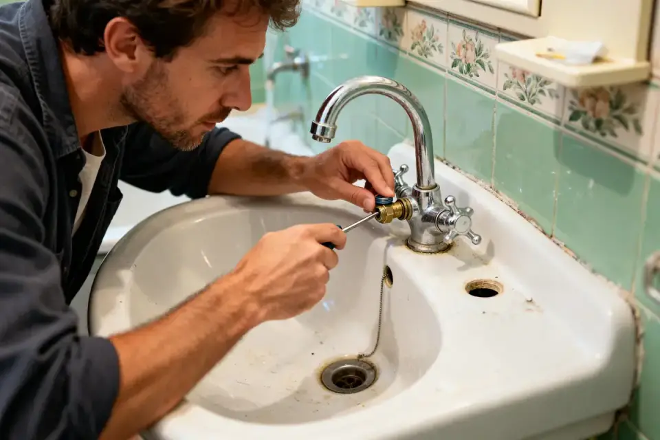 Homme réparant un robinet pour changer une cartouche de mitigeur dans un lavabo retro