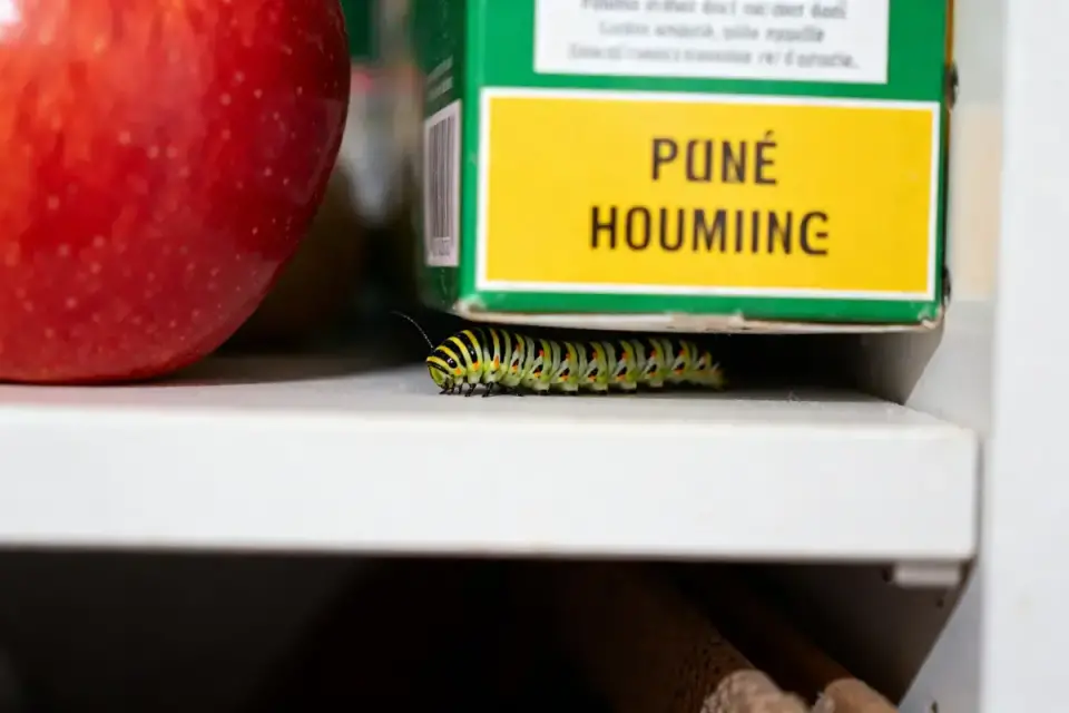 Chenille rayée près d'une pomme rouge et d'une boîte verte sur une étagère blanche.