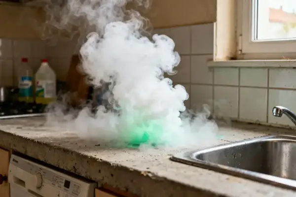 Fumée verte dans la cuisine causée par un mélange de chlore choc et pH moins