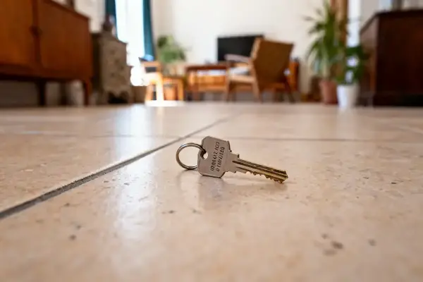 Clef de porte de maison perdue sur un sol carrelé dans un salon lumineux