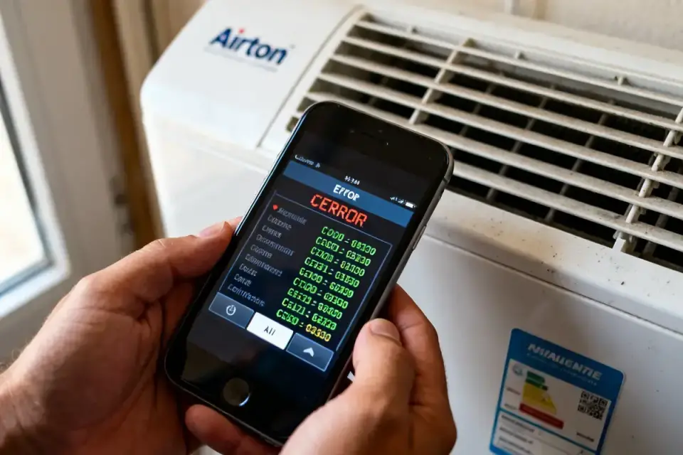 Téléphone affichant clim Airton code erreur devant climatiseur intérieur