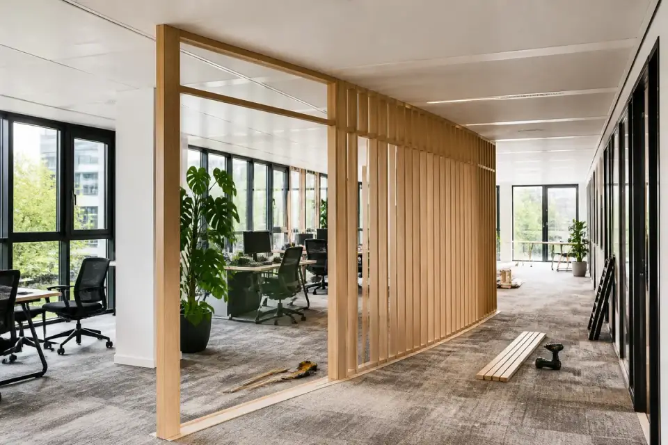 Bureau moderne avec cloisons en bois, plantes vertes, lumière naturelle, chaises de bureau, fenêtres vitrées.