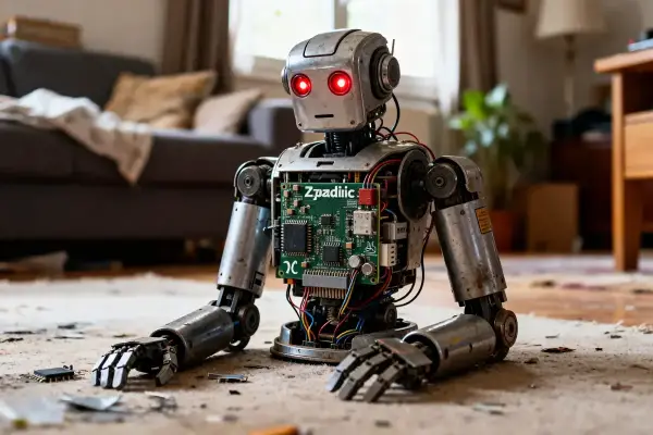 Robot assis sur le sol avec une carte mère exposée code erreur robot zodiac