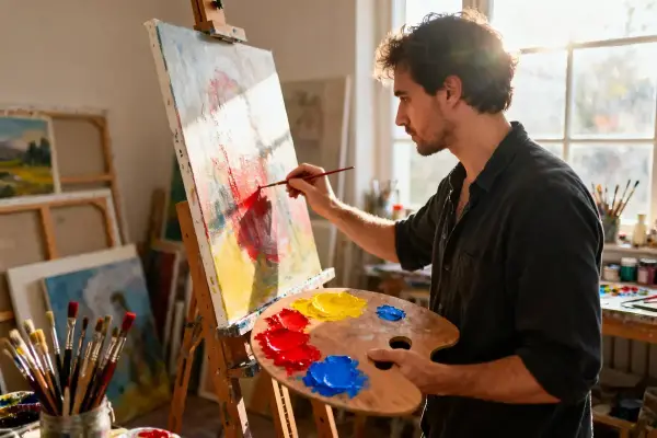 Artiste peignant sur toile en atelier, explorant comment faire du marron en peinture
