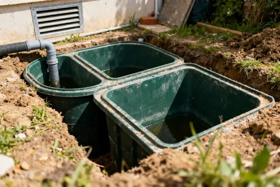 Installation de réservoirs souterrains illustrant comment fonctionne une fosse septique dans un jardin