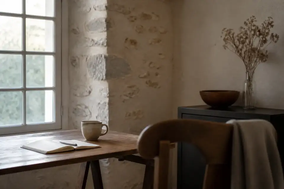 Coin bureau dans une maison ancienne rénovée : mur enduit à la chaux, fenêtre à petits carreaux, table en chêne avec un carnet et une tasse