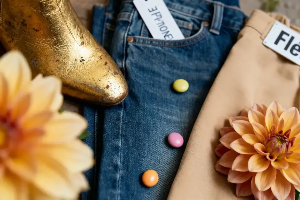 Chaussure dorée, jean bleu, bonbons colorés, pantalon beige, fleurs orange, étiquettes visibles, composition artistique.