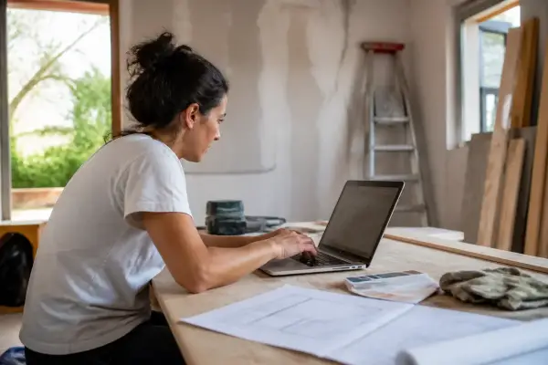 Personne travaillant sur ordinateur portable dans une pièce en rénovation, avec des plans et outils à proximité.