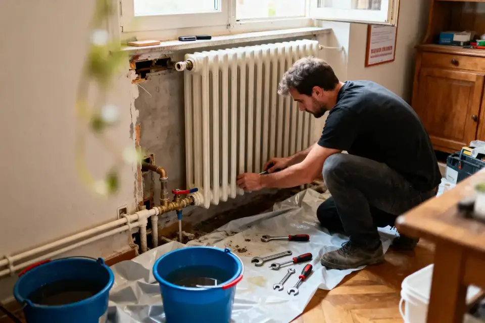 Un homme répare un radiateur, outils et seaux devant lui, dans une pièce en rénovation.
