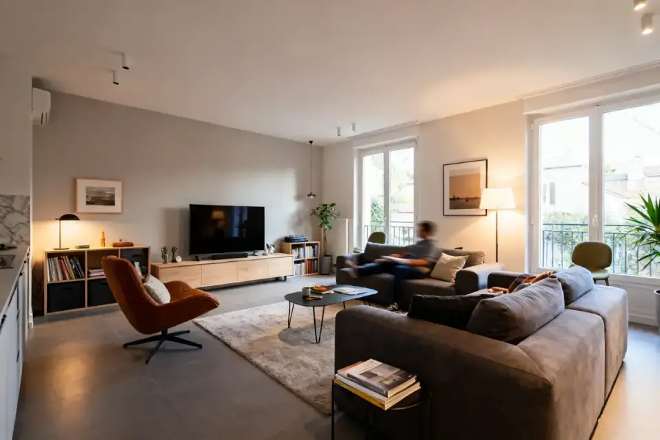 Salon moderne avec fauteuils gris et télévision pour équiper un salon moderne lumineux.