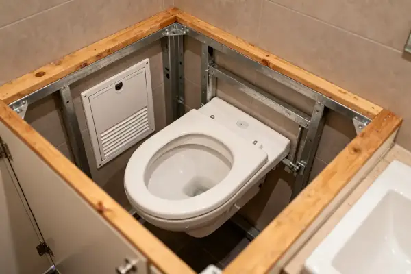 Structure en bois et métal pour fabriquer un coffrage pour WC suspendu intégré au mur