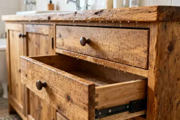 Buffet en bois recyclé avec tiroirs transformé pour faire un meuble de salle de bain