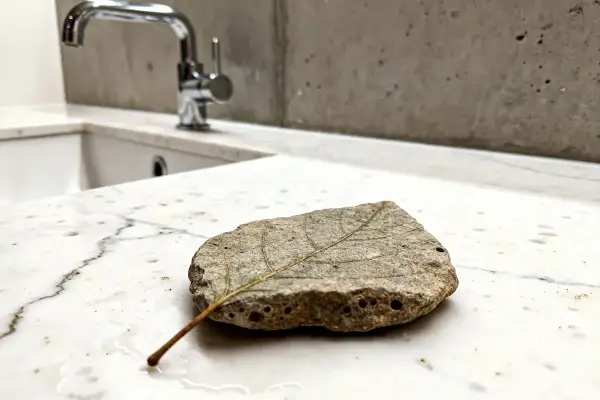Pierre fossilisée en forme de feuille sur un comptoir en marbre, avec robinet en arrière-plan.