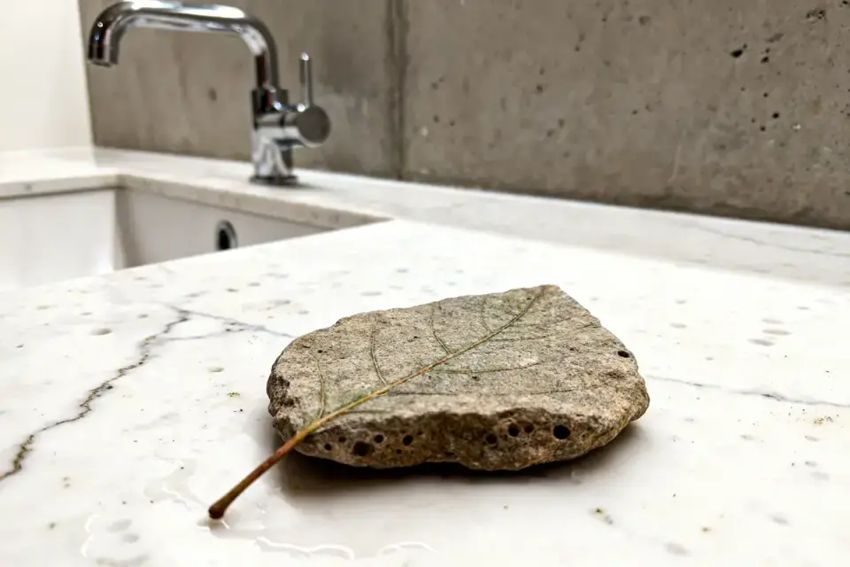Pierre fossilisée en forme de feuille sur un comptoir en marbre, avec robinet en arrière-plan.