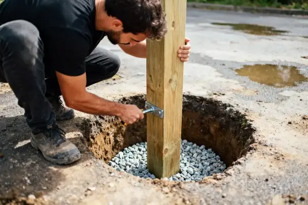 Homme en train de fixer un poteau en bois dans la terre avec des outils adapté