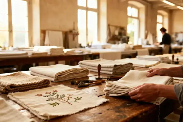 Atelier textile avec tissus pliés, broderie florale et outils, personne travaillant en arrière-plan. Ambiance lumineuse.