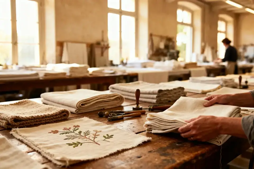 Atelier textile avec tissus pliés, broderie florale et outils, personne travaillant en arrière-plan. Ambiance lumineuse.