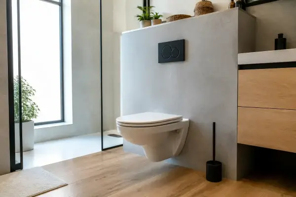 Toilettes modernes suspendues dans une salle de bain élégante avec sol en bois et grande fenêtre lumineuse.