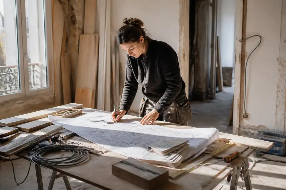Femme examinant des plans sur une table en bois dans un atelier lumineux et en rénovation.