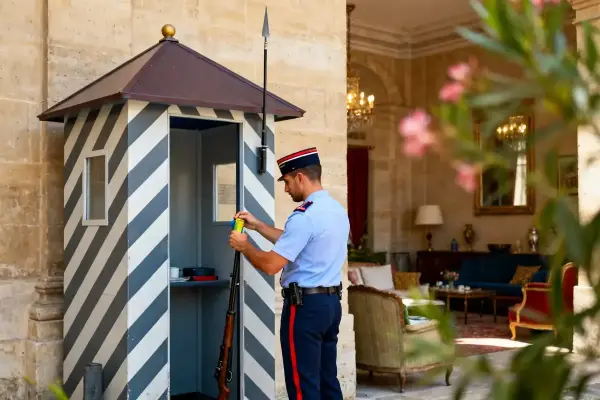 Officier inspectant son arme devant maison de gardiennage dans un bâtiment historique élégant