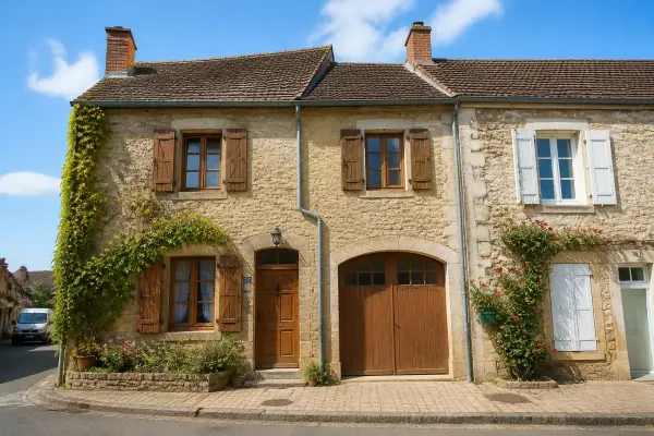 Maison en pierre avec volets en bois, façade ornée de lierre, sous un ciel bleu dégagé.