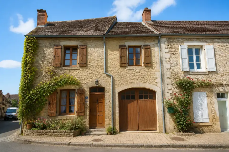 Maison en pierre avec volets en bois, façade ornée de lierre, sous un ciel bleu dégagé.