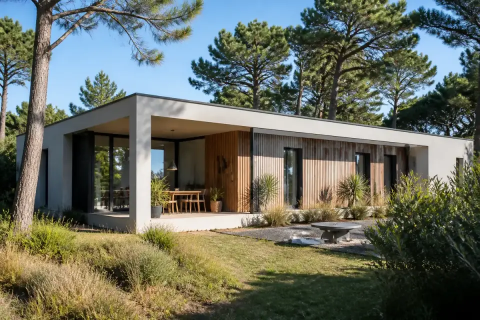 Maison moderne avec façade bois, grande terrasse, entourée de pins et végétation, sous un ciel bleu.