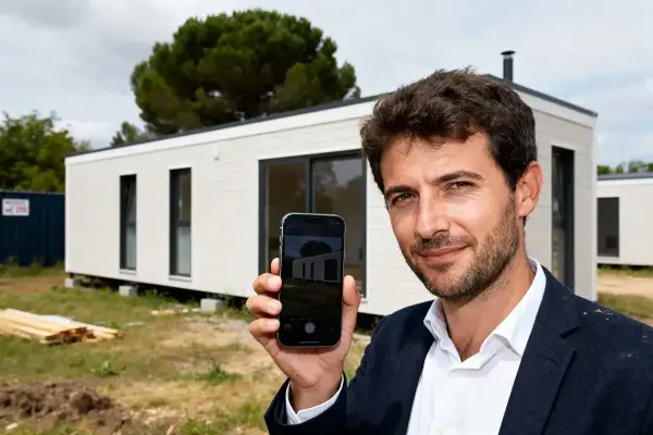 Homme souriant tenant un smartphone devant une maison moderne préfabriquée, arbres et ciel en arrière-plan.