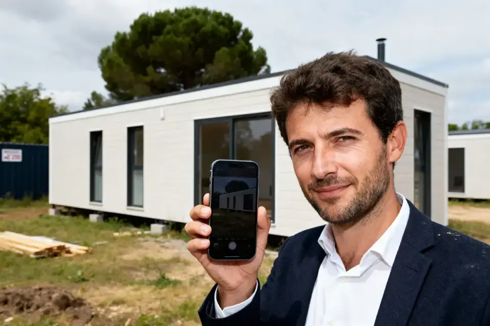 Homme souriant tenant un smartphone devant une maison moderne préfabriquée, arbres et ciel en arrière-plan.