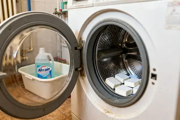 Machine à laver ouverte avec anti calcaire dedans pour éviter l'entartrage