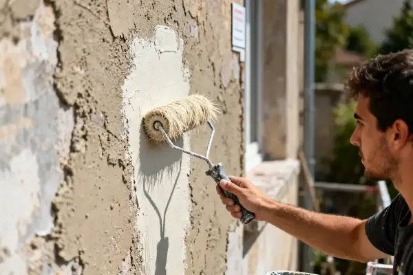 Homme utilisant un rouleau pour peindre un crépi extérieur sur un mur rugueux