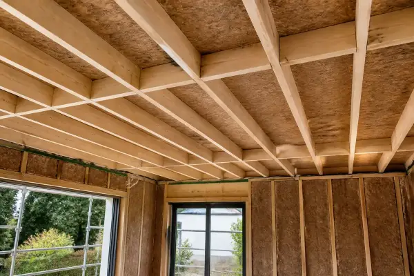 Intérieur bois avec poutres apparentes et grandes fenêtres, murs isolés, vue extérieure verdoyante.