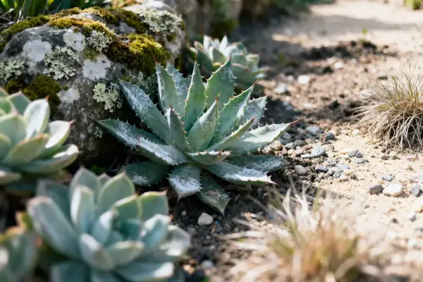 Plantes succulentes vertes et pierre moussue dans un jardin ensoleillé, avec sol graveleux.