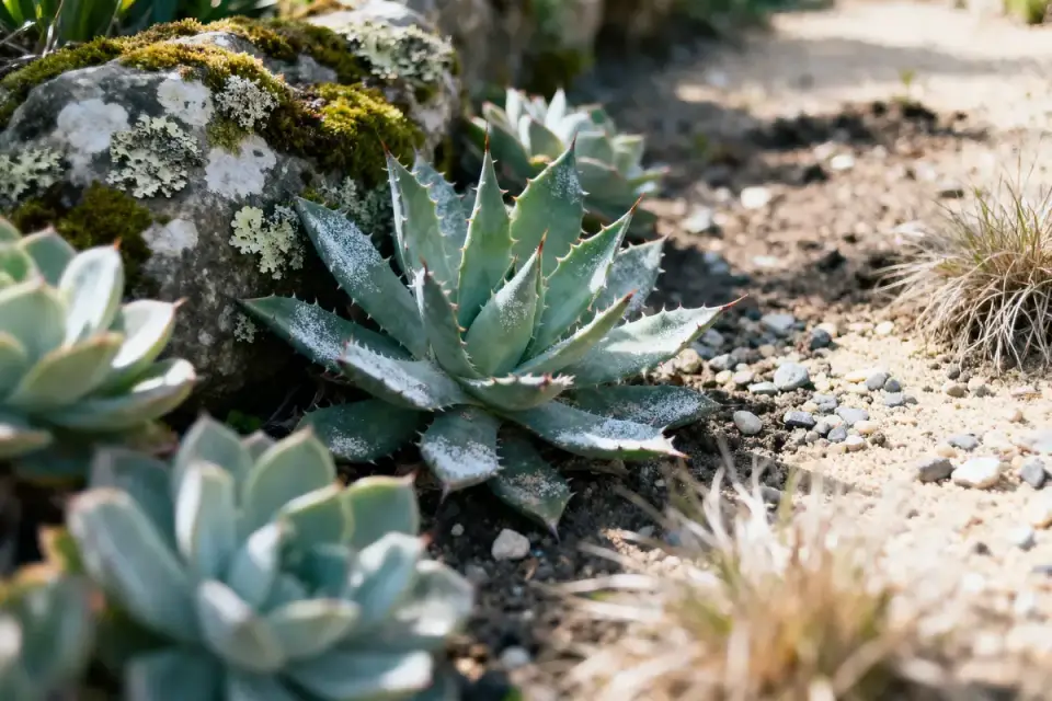 Plantes succulentes vertes et pierre moussue dans un jardin ensoleillé, avec sol graveleux.