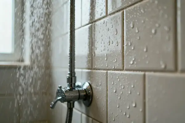 Gros plan sur douche salle de bain avec plaque hydrofuge résistant à l'eau