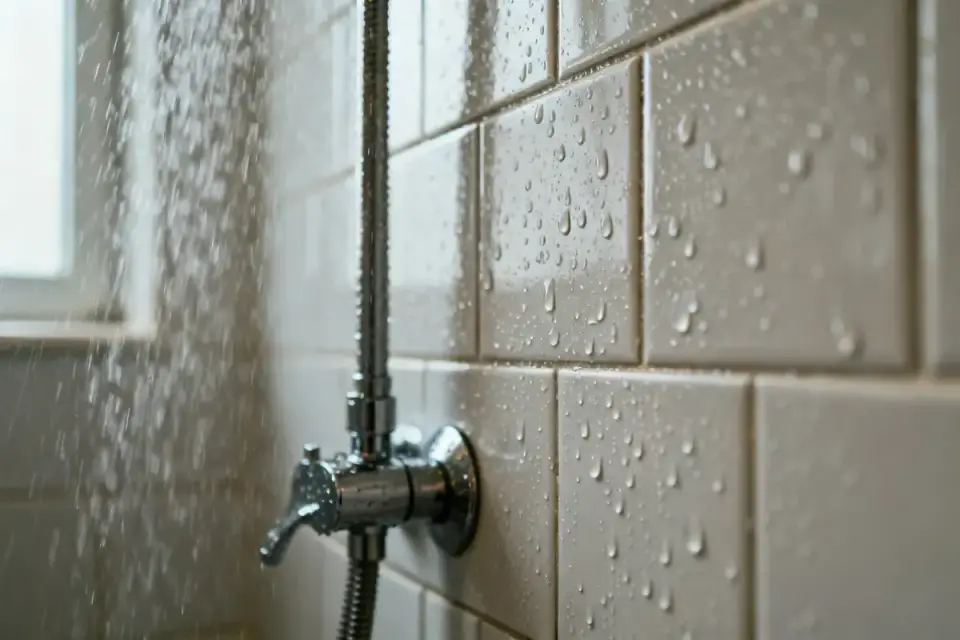 Gros plan sur douche salle de bain avec plaque hydrofuge résistant à l'eau