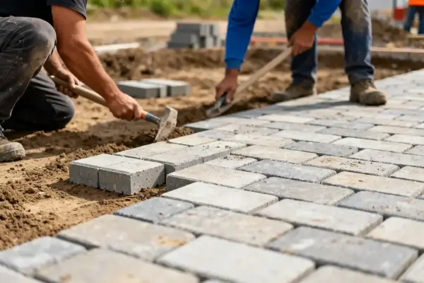 Travailleurs posant des pavés autobloquants sur sol en terre avec outils manuels