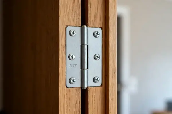 Charnière métallique montée sur porte en bois montrant comment poser une charnière plate aisément